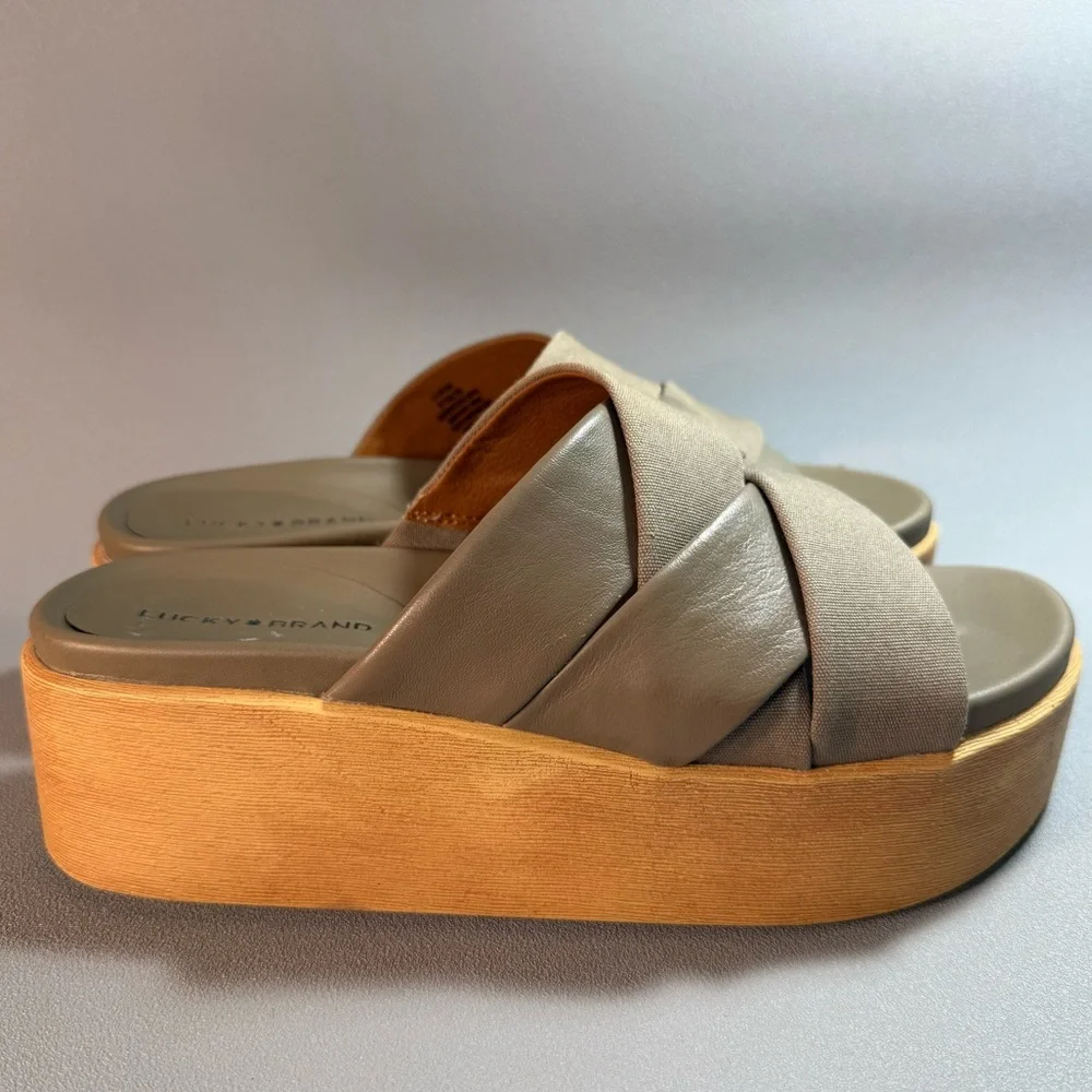 Lucky Brand Dikona Beige Woven Leather and Elastic Strap Platform Sandals